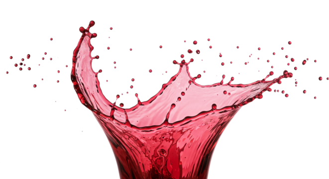 A vibrant red wine splash creates a heart shape as the rich liquid pours into the waiting glass