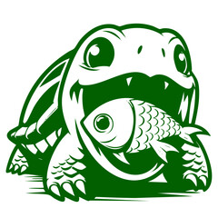 Obraz premium Adorable Cartoon Turtle Eating Fish: Green Nature Illustration