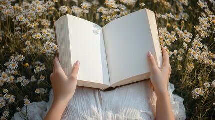 Woman in white dress with pink nails holds open blank book in spring flower meadow