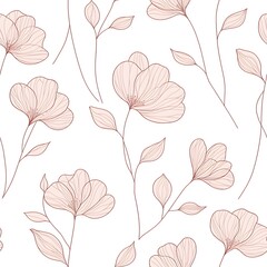 Delicate, repeating pattern of rosy flowers and stems on a white backdrop.