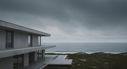 Modern Coastal Home Architecture With Panoramic Ocean Views Under Overcast Sky