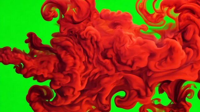 Dynamic red ink explosion on green screen: abstract colorful motion art in high definition.