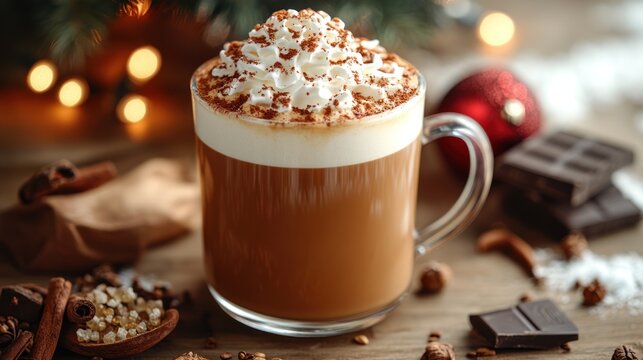 Hot chocolate with whipped cream and nuts on a wooden surface.