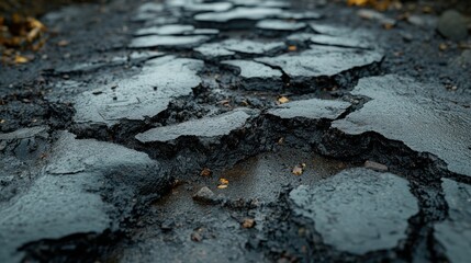 Fototapeta premium Damaged wet path, cracked asphalt