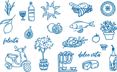 Hand drawn Mediterranean summer dolce vita set. Great for restaurant design, cards, postcards, prints, packaging design.