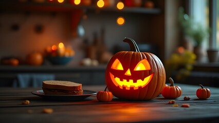 Fototapeta premium Spooky Halloween Jack-o'-lantern with Sandwich