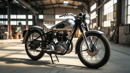 Photorealistic image of a vintage motorcycle in an industrial setting