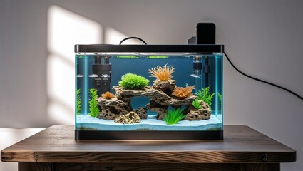 Photorealistic image of a usb desktop aquarium with soft white backdrop