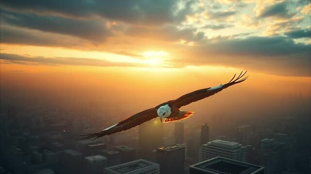 Majestic Bald Eagle Soaring Over City Skyline at Sunset