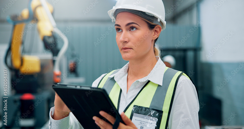 Poster woman, engineer and tablet with machine for factory inspection, robotics research and technical guid