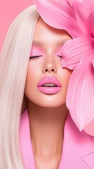 Stunning beauty model with pink makeup and oversized flower on her face poses against a pastel pink backdrop in a vibrant fashion setting
