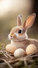 Obraz premium Cute rabbit sitting in straw near decorated eggs during springtime, capturing the essence of Easter celebrations