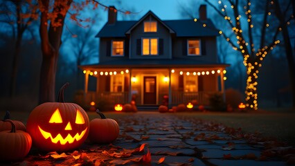 Enchanted Halloween Night House Jack O Lanterns Autumn Scene