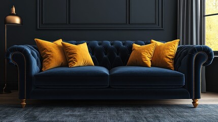 Fototapeta premium Dark navy velvet sofa with mustard yellow cushions in a sophisticated room