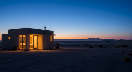 Modern House In Desert At Night With Sky During Twilight Time