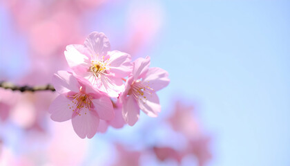 Closeup Pink Cherry Blossoms Against Light Blue Sky