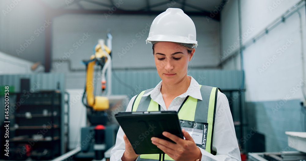 Poster woman, technician and tablet at robotics factory for research, machine update and technical guide. f