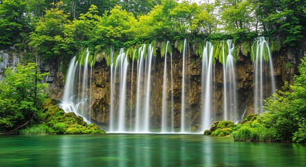 Waterfall Landscape with Green Forest and Turquoise Water