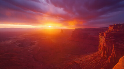 A sunset over a desert landscape with a mountain in the background