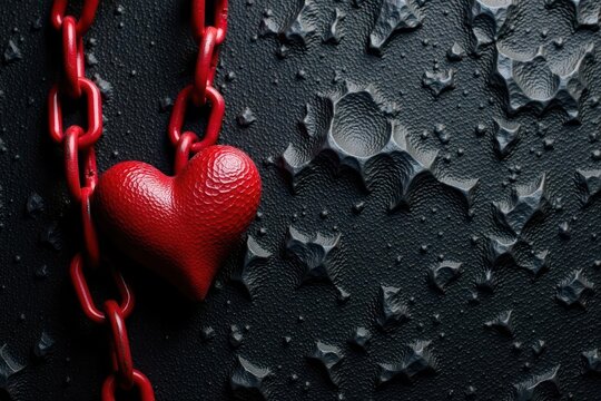 Intertwined heart chains, rough black leather backdrop , kink, studded