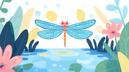 Dragonfly over pond with floral scene.