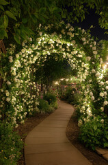 Obraz premium A beautifully lit circular archway, covered in white flowers, guides visitors through a serene garden pathway. The soft glow of lights adds to the enchanting atmosphere at night