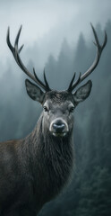 Obraz premium A magnificent stag poses in a misty forest, showcasing its unique antlers. Surrounded by tall trees, it appears regal and alert in the morning light