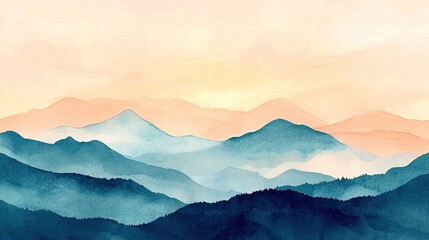 Dreamy watercolor sunrise mountain landscape, soft smudge effect and transition between warm and cold tones, hand-painted art style, blank space for text. Tranquil natural scene, abstract background。