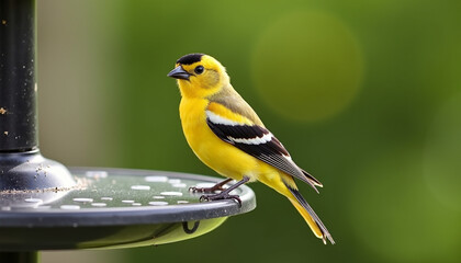 Bright Yellow Bird Perched on Garden Feeder in Nature