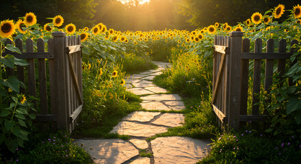 Pathway Through Sunflowers Field with Wooden Gate in Golden Hour Light
