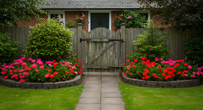 Inviting Entrance With Wooden Gate And Colorful Flowers in a Quaint Garden - Powered by Adobe