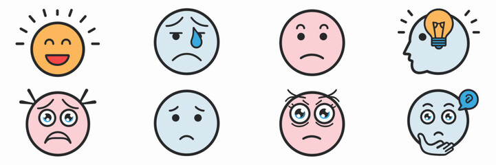 Fototapeta premium Vector sheet of icons with different states of mind including happy, sad, neutral, surprised, and thinking faces