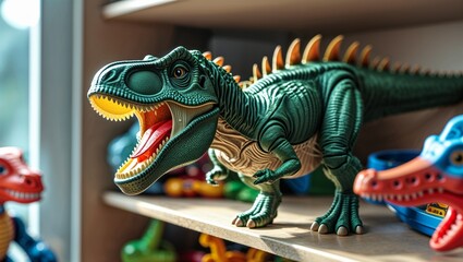 Photorealistic image of a plastic dinosaur on a kid’s playmat