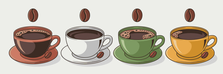 Vector sheet of coffee cup icons in various colors – Suitable for coffee shop branding, product packaging, or food-related graphics.