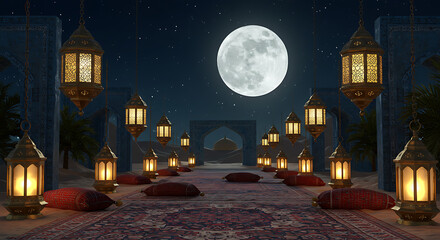 Enchanting eid al-fitr night scene with golden lanterns and a luminous moon