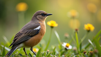 Fototapeta premium Colorful Small Bird Perched in Vibrant Wildflower Meadow