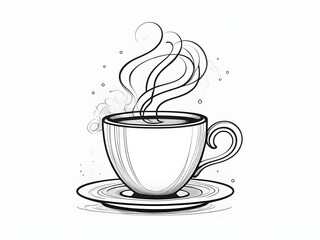 "Minimal coffee cup with steam swirls, black line art centered on white."