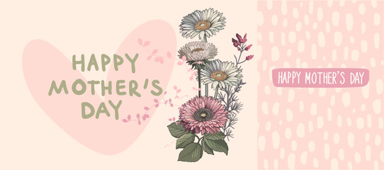 Mother's Day! Editable poster with bouquet of individual flowers in soft pastel pink palette, background and handwritten text. Digital illustration for branding, printing