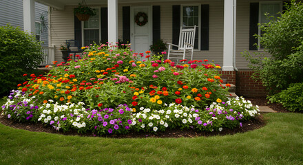 Inviting Suburban Home Exterior with Colorful Flowerbed Landscaping