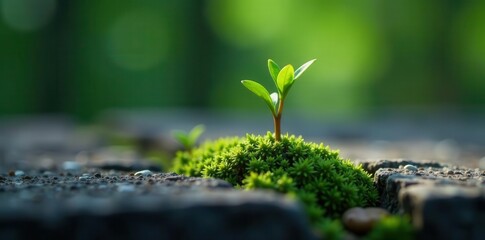 Tiny pine seedling sprouts from granite fissure, geology, seedling