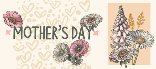 Mother's Day! Editable poster with bouquet of individual flowers in soft pastel pink palette, background and handwritten text. Digital illustration for branding, printing