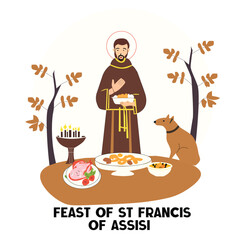 St. Francis of Assisi feast day vector with saint figure, food table, and autumn setting