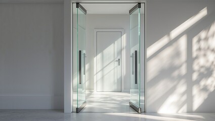 Photorealistic image of a minimalist glass door
