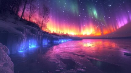 Obraz premium Enchanted Winter Night: Aurora Borealis over Frozen Lake