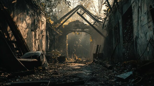 A haunting view of an abandoned, overgrown building ruins, bathed in soft light.