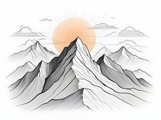 "Mini mountain range with rising sun, drawn in continuous black line art."

