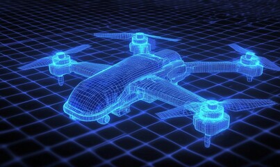 An aerial view showcasing a blue wireframe drone on a structured grid layout.