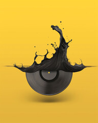 Floating Gray Vinyl Record with Sound Waves on Yellow Background. Contemporary Art Collage. Generative AI