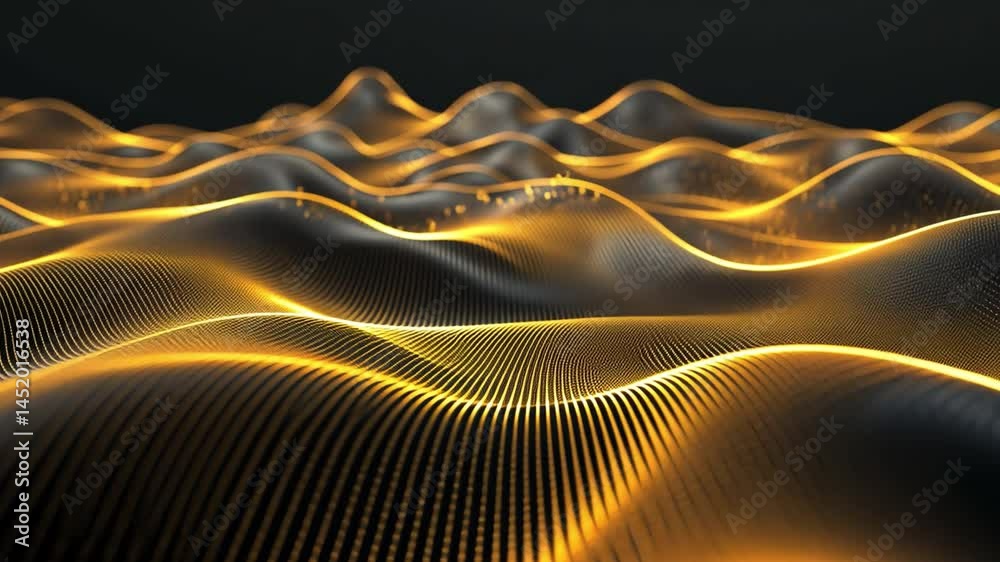 Poster mesmerizing abstract waves with golden lines create dynamic digital landscape, showcasing smooth cur