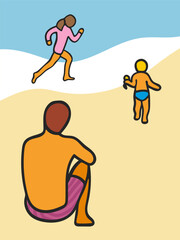 Father with kids resting on a beach